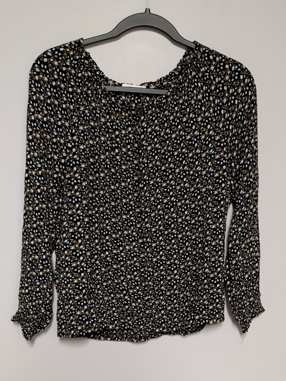 Maurices Black Floral Long-Sleeve Blouse with Cream & Light Blue Dots